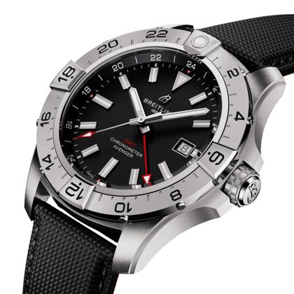 Breitling Avenger GMT 44 Automatik Edelstahl schwarzes Zifferblatt schwarzes Lederband – Herrenuhren Uhr mit Datum aus Edelstahl und Leder. Das Gehäuse ist rund und silber. Das Lederarmband ist schwarz. Das Zifferblatt ist ein Index in schwarz. – Ansicht 2