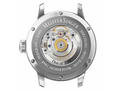 MeisterSinger Perigraph 38 Automatik Edelstahl blau Lederband gelb Limited Edition – Herrenuhren Uhr mit Datum aus Edelstahl und Leder. Das Gehäuse ist rund und silber. Das Lederarmband ist gelb. Das Zifferblatt ist arabisch und blau. – Ansicht 3