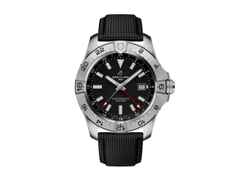 Breitling Avenger GMT 44 Automatik Edelstahl schwarzes Zifferblatt schwarzes Lederband – Herrenuhren Uhr mit Datum aus Edelstahl und Leder. Das Gehäuse ist rund und silber. Das Lederarmband ist schwarz. Das Zifferblatt ist ein Index in schwarz.