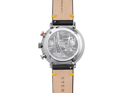 Sternglas Hamburg Chrono Quarz Edelstahl 42mm mehrfarbiges Zifferblatt schwarzes Lederband – Herrenuhren Chronograph aus Edelstahl, Leder und PVD beschichtet. Das Gehäuse ist rund und silber. Das Lederarmband ist schwarz. Das Zifferblatt ist arabisch Index und mehrfarbig. – Ansicht 4