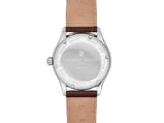 Frederique Constant Classics Automatik Edelstahl 39mm blaues Zifferblatt braunes Lederband – Herrenuhren Uhr mit Datum aus Edelstahl und Leder. Das Gehäuse ist rund und silber. Das Lederarmband ist braun. Das Zifferblatt ist ein Index in blau. – Ansicht 2