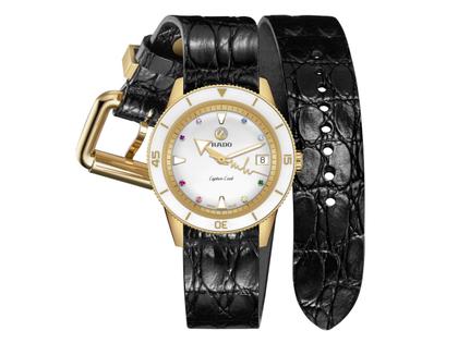 Rado Captain Cook Automatik Edelstahl gelbgold beschichtet 37 mm Marina Hoermanseder Edition – Damenuhren Uhr mit Datum aus Edelstahl, Leder und PVD beschichtet. Das Gehäuse ist rund und gelbgold. Das Edelstahlarmband ist gelbgold. Das Zifferblatt ist ein Index in weiß. – Ansicht 3