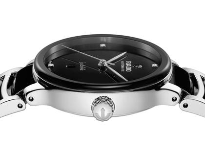 Rado Centrix Diamonds Automatik Edelstahl Roségold-PVD 30,5mm schwarzes Zifferblatt mit Brillanten Metallband – Damenuhren Uhr mit Datum aus Edelstahl und Keramik. Das Gehäuse ist rund und silber. Das Keramikarmband ist schwarz. Das Zifferblatt ist ein Index in schwarz. – Ansicht 3