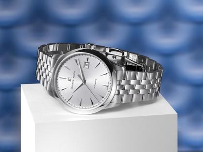 Maurice Lacroix 1975 Automatik Edelstahl 40mm silberfarbenes Zifferblatt Metallband – Herrenuhren Uhr mit Datum aus Edelstahl. Das Gehäuse ist rund und silber. Das Edelstahlarmband ist silber. Das Zifferblatt ist ein Index in silber. – Ansicht 2