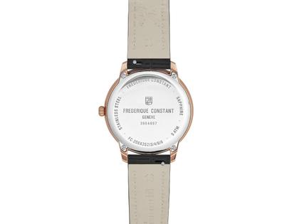 Frederique Constant Classics Moneta Moonphase Quarz Edelstahl Roségold-PVD 34mm rosa Perlmutt-Zifferblatt schwarzes Lederband – Damenuhren Uhr ohne Datum aus Edelstahl, Leder und PVD beschichtet. Das Gehäuse ist rund und roségold. Das Lederarmband Kroko / Alligator ist schwarz. Das Zifferblatt ist ein Index in roségold. – Ansicht 3