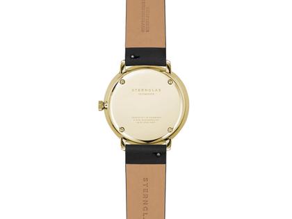 Sternglas Naos XS Quarz Edelstahl Gelbgold-PVD 33mm weißes Zifferblatt schwarzes Lederband – Damenuhren Uhr mit Datum aus Edelstahl und PVD beschichtet. Das Gehäuse ist rund und gelbgold. Das Lederarmband ist schwarz. Das Zifferblatt ist ein Index in weiß. – Ansicht 4