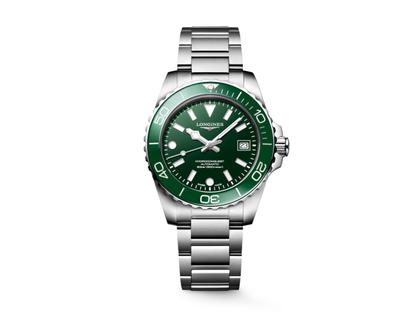 Longines HydroConquest Automatik Edelstahl 39mm grünes Zifferblatt Metallband – Herrenuhren Uhr mit Datum aus Edelstahl. Das Gehäuse ist rund und silber. Das Edelstahlarmband ist silber. Das Zifferblatt ist ein Index in grün.