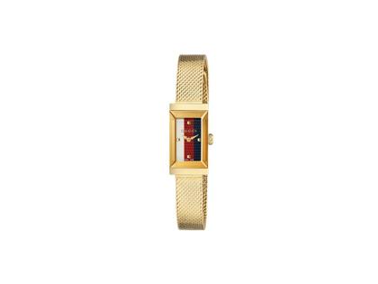 Gucci G-Frame Quarz Edelstahl 14x25mm weiß-rot-blaues Zifferblatt Metallband YA147511 – Damenuhren Uhr ohne Datum aus Edelstahl und PVD beschichtet. Das Gehäuse ist rechteckig und gelbgold. Das vergoldetes Edelstahlarmband ist gelbgold. Der Zifferblatt ist ein Index.