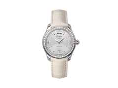 Glashütte Original Lady Serenade Automatik Edelstahl 36mm silberfarbenes Zifferblatt mit Brillanten beiges Lederband – Damenuhren Uhr mit Datum aus Edelstahl. Das Gehäuse ist rund und silber. Das Lederarmband Kroko / Alligator ist weiß. Das Zifferblatt ist römisch Index und silber.