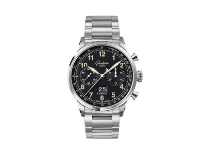 Glashütte Original Senator Chronograph Navigator Automatik Edelstahl 41mm schwarzes Zifferblatt Metallband – Herrenuhren Chronograph aus Edelstahl. Das Gehäuse ist rund und silber. Das Edelstahlarmband ist silber. Das Zifferblatt ist arabisch und schwarz.