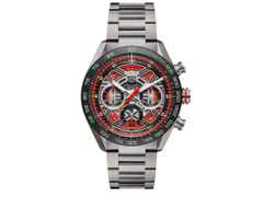TAG Heuer Carrera Chronograph Extreme Sport Automatik Titan 44mm skelettiertes Zifferblatt Metallband – Herrenuhren Chronograph aus Keramik und Titan. Das Gehäuse ist rund und silber. Das Edelstahlarmband ist silber. Das Zifferblatt ist skelettiert und rot.