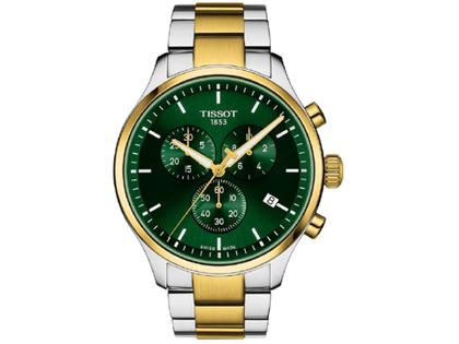Tissot Chrono XL Classic Quarz Edelstahl gelbgold grünes Zifferblatt Edelstahlband bicolor – Herrenuhren Chronograph aus Edelstahl und PVD beschichtet. Das Gehäuse ist rund und silber-gelbgold. Das Edelstahlarmband ist silber-gelbgold. Das Zifferblatt ist ein Index in grün.