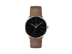Junghans Meister fein Automatic Edelstahl 39mm schwarzes Zifferblatt braunes Lederband – Herrenuhren Uhr mit Datum aus Edelstahl. Das Gehäuse ist rund und silber. Das Lederarmband ist braun. Das Zifferblatt ist ein Index in schwarz.