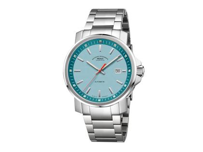Mühle Glashütte 29er Big Südseeblau Automatik Edelstahl 42,4mm blaues Zifferblatt Metallband – Herrenuhren Uhr mit Datum aus Edelstahl. Das Gehäuse ist rund und silber. Das Edelstahlarmband ist silber. Das Zifferblatt ist ein Index in blau.