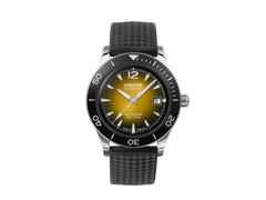 Union Glashütte Noramis Datum Sport Automatik Edelstahl 42mm gelb-schwarzes Zifferblatt schwarzes Textilband – Herrenuhren Uhr mit Datum aus Edelstahl und Keramik. Das Gehäuse ist rund und silber. Das Kautschuk / Kunststoff / Silikon Armband ist schwarz. Das Zifferblatt ist arabisch Index und gelb.