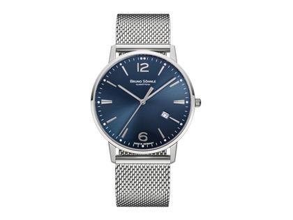 Bruno Söhnle Glashütte Stuttgart III Big Quarz Edelstahl 42mm blaues Zifferblatt Metallband – Herrenuhren Uhr mit Datum aus Edelstahl. Das Gehäuse ist rund und silber. Das Edelstahlarmband ist silber. Das Zifferblatt ist arabisch Index und blau.