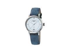 Mühle Glashütte Teutonia IV Lady Automatik Edelstahl 33,5mm pastellblaues Zifferblatt blaues Lederband – Damenuhren Uhr mit Datum aus Edelstahl. Das Gehäuse ist rund und silber. Das Lederarmband ist blau. Das Zifferblatt ist ein Index in blau.