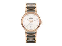 Rado Centrix Automatik Edelstahl Roségold-PVD 39,5mm weißes Zifferblatt Metallband – Herrenuhren Uhr mit Datum aus Edelstahl, Keramik und PVD beschichtet. Das Gehäuse ist rund und roségold. Das Keramikarmband ist grau. Das Zifferblatt ist ein Index in weiß.