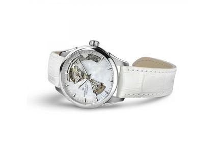 Hamilton Jazzmaster Open Heart Lady Automatik Edelstahl 36mm Perlmutt-Zifferblatt weißes Lederband – Damenuhren Uhr ohne Datum aus Edelstahl. Das Gehäuse ist rund und silber. Das Lederarmband Kroko / Alligator ist weiß. Das Zifferblatt ist ein Index in weiß. – Ansicht 2