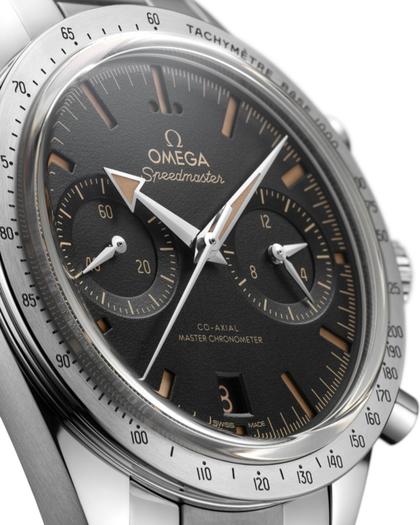 Omega Speedmaster '57 Chronograph Handaufzug Edelstahl 40mm schwarzes Zifferblatt Metallband – Herrenuhren Chronograph aus Edelstahl. Das Gehäuse ist rund und silber. Das Edelstahlarmband ist silber. Das Zifferblatt ist ein Index in schwarz. – Ansicht 4