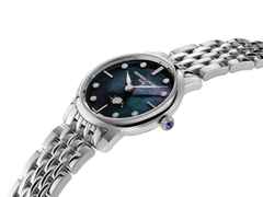 Frederique Constant Slimline Ladies Moonphase Quarz Edelstahl 30mm Perlmutt-Zifferblatt Metallband – Damenuhren Uhr ohne Datum aus Edelstahl. Das Gehäuse ist rund und silber. Das Edelstahlarmband ist silber. Das Zifferblatt ist ein Index in blau. – Ansicht 3