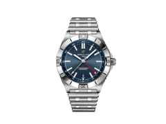 Breitling Chronomat Automatic GMT 40 Edelstahl blaues Zifferblatt Metallband – Herrenuhren Uhr mit Datum aus Edelstahl. Das Gehäuse ist rund und silber. Das Edelstahlarmband ist silber. Das Zifferblatt ist ein Index in blau.