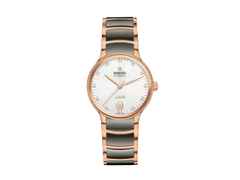 Rado Centrix Diamonds Automatik Edelstahl Roségold-PVD 35mm weißes Zifferblatt mit Brillanten Metallband – Damenuhren Uhr mit Datum aus Edelstahl, Keramik und PVD beschichtet. Das Gehäuse ist rund und roségold. Das Keramikarmband ist grau. Das Zifferblatt ist ein Index in weiß.
