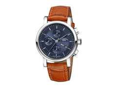 Mühle Glashütte Teutonia II Chronograph Automatik Edelstahl 42mm nachtblaues Zifferblatt braunes Lederband – Herrenuhren Chronograph aus Edelstahl. Das Gehäuse ist rund und silber. Das Lederarmband Kroko / Alligator ist braun. Das Zifferblatt ist ein Index in blau.
