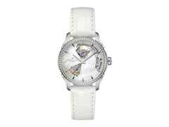 Hamilton Jazzmaster Open Heart Lady Automatik Edelstahl 36mm Perlmutt-Zifferblatt mit Brillanten weißes Lederband – Damenuhren Uhr ohne Datum aus Edelstahl. Das Gehäuse ist rund und silber. Das Lederarmband Kroko / Alligator ist weiß. Das Zifferblatt ist ein Index in weiß.