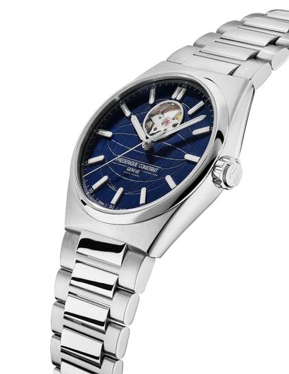 Frederique Constant Highlife Heart Beat Automatic Chronometer Edelstahl 41mm blaues Zifferblatt Metallband und Kautschukband – Herrenuhren Uhr ohne Datum aus Edelstahl und Kautschuk. Das Gehäuse ist rund und silber. Das Edelstahlarmband ist silber. Das Zifferblatt ist ein Index in blau. – Ansicht 2