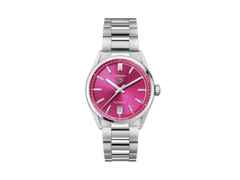 TAG Heuer Carrera Date Automatik Edelstahl 36mm pinkes Zifferblatt Metallband – Damenuhren Uhr mit Datum aus Edelstahl. Das Gehäuse ist rund und silber. Das Edelstahlarmband ist silber. Das Zifferblatt ist ein Index in rosa.