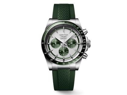 Longines Conquest Chronograph Automatik Edelstahl 42mm weiß-grünes Zifferblatt grünes Kautschukband – Herrenuhren Chronograph aus Edelstahl, Kautschuk und Keramik. Das Gehäuse ist rund und silber. Das Kautschuk / Kunststoff / Silikon Armband ist grün. Das Zifferblatt ist ein Index in weiß.