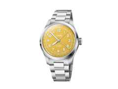 Oris Big Crown Pointer Date Automatik Edelstahl 40mm gelbes Zifferblatt Metallband – Herrenuhren Uhr mit Datum aus Edelstahl. Das Gehäuse ist rund und silber. Das Edelstahlarmband ist silber. Das Zifferblatt ist arabisch und gelb.