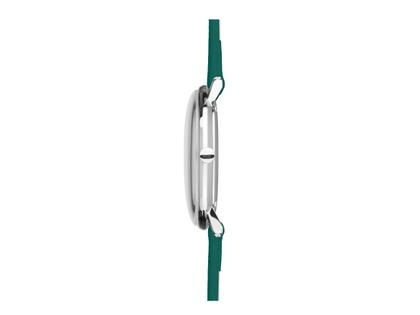 Junghans Max Bill Damen Quarz Edelstahl 32,7mm weißes Zifferblatt grünes Lederband – Damenuhren Uhr mit Datum aus Edelstahl. Das Gehäuse ist rund und silber. Das Lederarmband ist grün. Das Zifferblatt ist arabisch Index und weiß. – Ansicht 3