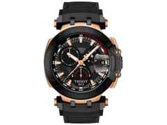 Tissot T-Race MotoGP             2018 Chronograph Limited Edition  Quarz – Herrenuhren Chronograph aus Edelstahl und PVD beschichtet. Das Gehäuse ist rund und roségold. Das Kautschuk / Kunststoff / Silikon Armband ist schwarz. Das Zifferblatt ist ein Index in schwarz. – Ansicht 2