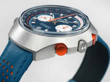 Hamilton American Classic Chrono Matic 50 Limited Edition Automatik Edelstahl 51,5 x 48,5mm blaues Zifferblatt blaues Lederband – Herrenuhren Chronograph aus Edelstahl und Leder. Das Gehäuse ist oval und silber. Das Lederarmband ist blau. Das Zifferblatt ist ein Index in blau. – Ansicht 4