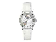 Hamilton Jazzmaster Open Heart Lady Automatik Edelstahl 36mm Perlmutt-Zifferblatt weißes Lederband – Damenuhren Uhr ohne Datum aus Edelstahl. Das Gehäuse ist rund und silber. Das Lederarmband Kroko / Alligator ist weiß. Das Zifferblatt ist ein Index in weiß.