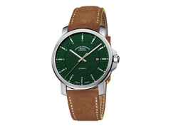 Mühle Glashütte 29er Casual Edition 30 Jahre Deutsche Einheit Automatik Edelstahl 42,4mm grünes Zifferblatt braunes Lederband – Herrenuhren Uhr mit Datum aus Edelstahl und Leder. Das Gehäuse ist rund und silber. Das Lederarmband ist braun. Das Zifferblatt ist ein Index in grün.