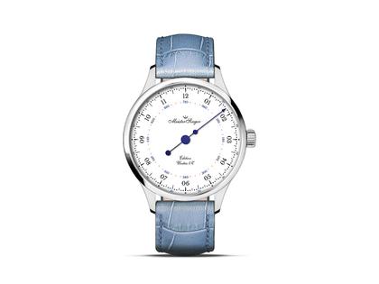 MeisterSinger Unitas 1Z Limited Edition Handaufzug Edelstahl 40mm weißes Emaille-Zifferblatt blaues Lederband – Herrenuhren Uhr ohne Datum aus Edelstahl und Emaille. Das Gehäuse ist rund und silber. Das Lederarmband ist blau. Das Zifferblatt ist arabisch Index und weiß.