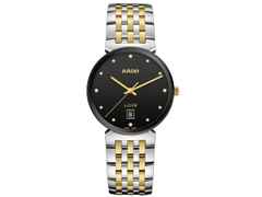 Rado Florence Classic Diamonds Quarz Edelstahl 38 mm schwarz Edelstahlband bicolor – Herrenuhren Uhr mit Datum aus Edelstahl und PVD beschichtet. Das Gehäuse ist rund und silber-gelbgold. Das Edelstahlarmband ist silber-gelbgold. Das Zifferblatt ist ein Index in schwarz.