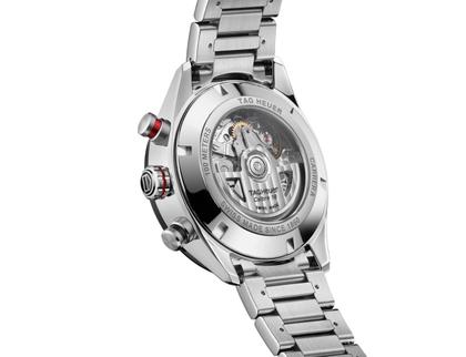 TAG Heuer Carrera Chronograph Automatik Edelstahl 44mm schwarzes Zifferblatt Metallband – Herrenuhren Chronograph aus Edelstahl und Keramik. Das Gehäuse ist rund und silber. Das Edelstahlarmband ist silber. Das Zifferblatt ist arabisch und schwarz. – Ansicht 3