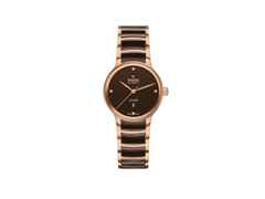 Rado Centrix Diamonds Automatik Edelstahl Roségold-PVD 30,5mm braunes Zifferblatt mit Brillanten Metallband – Damenuhren Uhr mit Datum aus Edelstahl, Keramik und PVD beschichtet. Das Gehäuse ist rund und roségold. Das Keramikarmband ist braun. Das Zifferblatt ist ein Index in braun.
