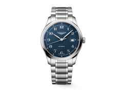 Longines Master Collection Automatik Edelstahl 41mm blaues Zifferblatt Metallband – Herrenuhren Uhr mit Datum aus Edelstahl. Das Gehäuse ist rund und silber. Das Edelstahlarmband ist silber. Das Zifferblatt ist arabisch und blau.