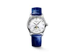 Longines Master Collection Automatik Edelstahl 34mm weißes Perlmutt-Zifferblatt mit Diamanten blaues Lederband – Damenuhren Uhr mit Datum aus Edelstahl und Leder. Das Gehäuse ist rund und silber. Das Lederarmband Kroko / Alligator ist blau. Das Zifferblatt ist ein Index in weiß.