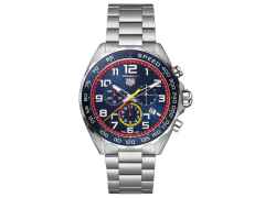 TAG Heuer Formula 1 Chronograph x Red Bull Racing Quarz Edelstahl blaues ZIfferblatt Metallband – Herrenuhren Chronograph aus Edelstahl. Das Gehäuse ist rund und silber. Das Edelstahlarmband ist silber. Das Zifferblatt ist ein Index in blau.