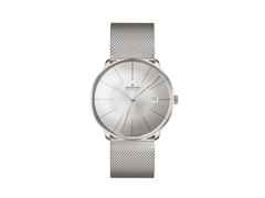 Junghans Meister fein Automatic Edelstahl 39mm silbernes Zifferblatt Metallband – Herrenuhren Uhr mit Datum aus Edelstahl. Das Gehäuse ist rund und silber. Das Edelstahlarmband ist grau. Das Zifferblatt ist ein Index in silber.
