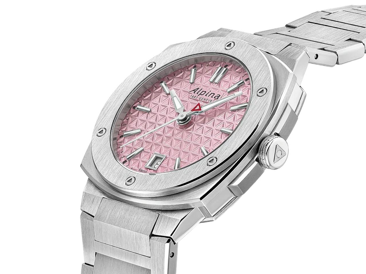 Alpina Alpiner Extreme Quartz Edelstahl 34mm rosafarbenes Zifferblatt Metallband – Damenuhren Uhr mit Datum aus Edelstahl und Kautschuk. Das Gehäuse ist rund und silber. Das Edelstahlarmband ist silber. Das Zifferblatt ist ein Index in rosa. – Ansicht 2