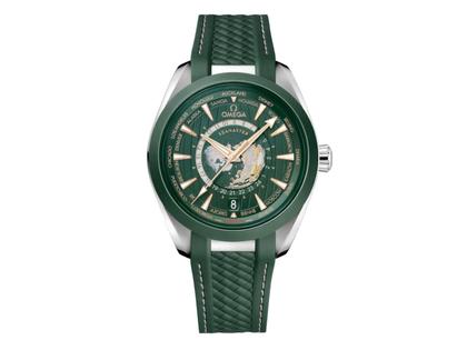 Omega Seamaster Aqua Terra 150M Automatik Edelstahl 43mm grünes Zifferblatt grünes Kautschukband – Herrenuhren Uhr mit Datum aus 750 Gelbgold, Edelstahl, Kautschuk und Keramik. Das Gehäuse ist rund und silber. Das Kautschuk / Kunststoff / Silikon Armband ist grün. Das Zifferblatt ist ein Index in grün.