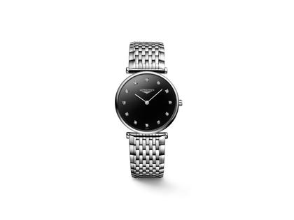 Longines La Grande Classique Quarz Edelstahl 29mm schwarzes Zifferblatt mit Diamanten Metallband – Damenuhren Uhr ohne Datum aus Edelstahl. Das Gehäuse ist rund und silber. Das Edelstahlarmband ist silber. Das Zifferblatt ist ein Index in schwarz.