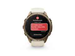 Garmin Fenix 9 Pro inReach Titan 43mm digitales Display beiges Silikonband – Herrenuhren Uhr Multifunktion aus Kautschuk und Titan. Das Gehäuse ist rund und bronze. Das Kautschuk / Kunststoff / Silikon Armband ist beige. Das Zifferblatt ist digital und schwarz.